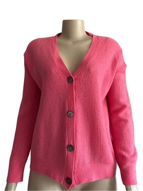 Pure Collection  V-Neck Button Ribbed Cardigan Coral.